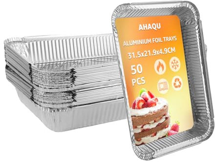 AHAQU 50PCS Large Aluminium Disposable Foil Trays, 31x22x5cm Tin Foil Trays, Disposable Foil Food Containers for BBQ, Cooking, Baking, Broiling, Roasting