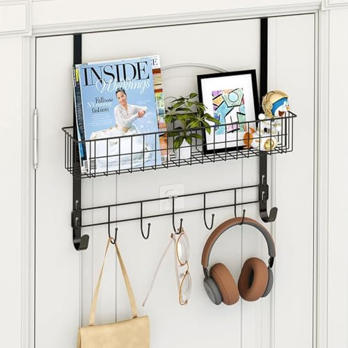 LUCYCAZ Over Door Hanger, Over Door Hooks with 2 Wreath Hangers, 5 Hooks and 1 Mesh Deep Basket, Over The Door Hanger Storage Rack for Bathroom Kitchen Bedroom Hanging Door Storage (Black)