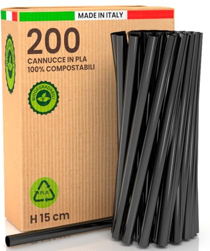 200 ökologische 100% starre Bioplastik Jumbo Strohhalme 15cm x 8mm biologisch abbaubar kompostierbar und wiederverwendbar Made in Italy - Ideal für Getränke Cocktails Events und Partys - Farbe Schwarz
