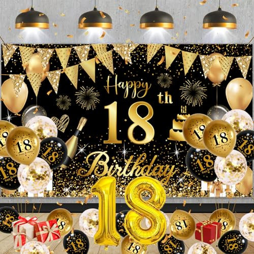 18 Geburtstag Deko, Deko 18. Geburtstag Junge Mädchen, Groß Banner und Schwarz Gold, für Frau Mann Deko 18. Deburtstag