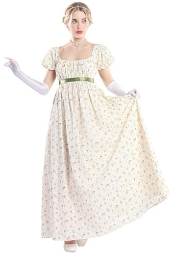 CR ROLECOS Damen Regency Kleid für Frauen blumige viktorianische Kleid mit Handschuhe Vintage Regency Kleider beige M