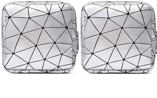 TUOJINRUIDA 2 PCS Aufbewahrungstaschen für Damenbinden mit Geometrischen Mustern, Tragbare PU-Aufbewahrungstaschen für Feminine, ideal für Teenager-Mädchen, Frauen und Damen (Silber)