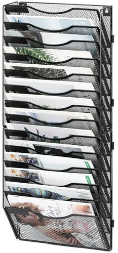 Solinxe 14-Pocket Desk Tidy Organizer in Tray, A4 Wall Mounted Document Holder, Vertical Metal Magazine Rack, Wall Hanging Paper Storage Organiser for Office Accessories Stationery Supplies, Black