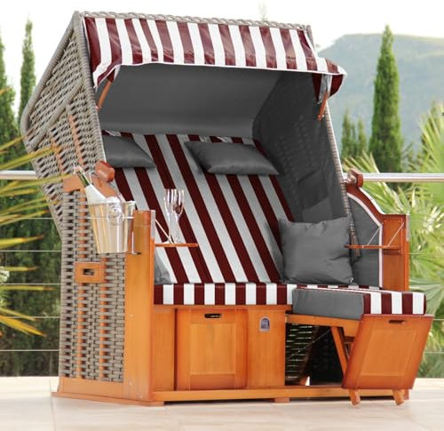 DERKORB Strandkorb 2 Sitzer Ostsee XXL Volllieger, fertig aufgebaut mit Rollen, 137cm breit, ideal für Garten Terrasse Balkon (Rot Weiß)