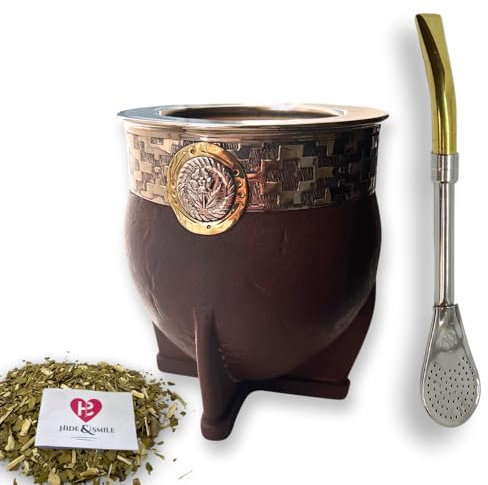 Hide & Smile Imperial Premium Handmade Mate Kit, Kürbis und Leder Tasse und Bombilla Set, authentischer argentinischer Mate-Kürbis-Tee, inklusive Strohhalm, Souvenir aus Argentinien, originelles