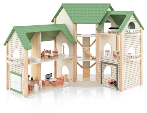 DREAMADE Puppenhaus aus Holz, 3 Etagen & Großes Dollhouse mit 7 Räumen & 36/42 Möbelzubehörteilen, Puppenhaus für Kinder ab 3 Jahre (Grün,87x83cm)