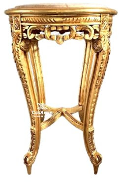 CasAmin Home & Living Runder Holzbeistelltisch im Retro-Barock-Stil Handgefertigt mit Marmorplatte, Kaffeetisch, Teetisch für Wohnzimmerdekoration