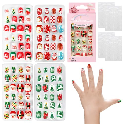 JSRQT 4 Stück Weihnachts Nägel Zum Aufkleben Kinder, Vollständige Abdeckung Press on Nägel, Kurze Künstliche Nail Kinder Mädchen, Weihnachtsbaum Schneemann Falsche Nagelspitzen Fingernägel Maniküre