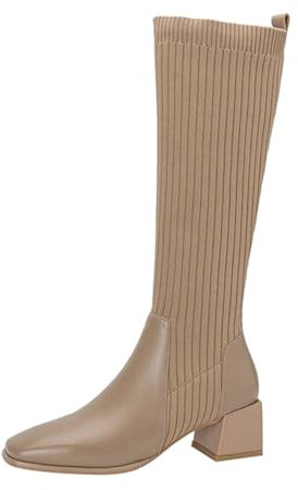 WKAYsIV Stivali Alti Donna Sopra Il Ginocchio Tacco Basso Argento Plateau da a metà, in pelle lavorata maglia elasticizzata, cuciture, punta quadrata, Perforati 28.99 37