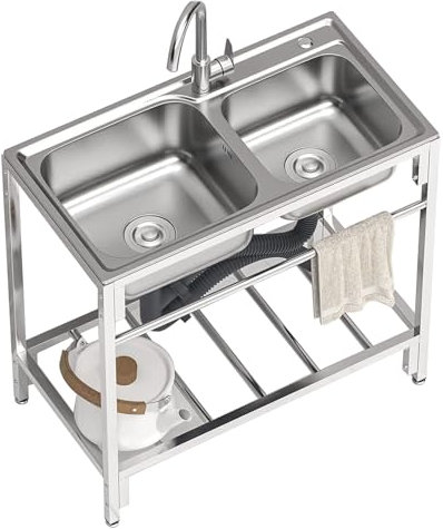 Mobiles Tragbares Spülbecken Freistehendes Doppelbecken-Edelstahlspülbecken Outdoor-Gartenspülbecken-Set mit Ablagefach, Wäschewanne und Warm- und Kaltwasserhahn für Hinterhof-Restaurant-Camping