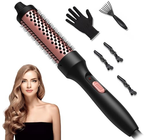 Thermal Brush for Hair,Heated Hair Brush,Heated Round Brush Styler 32MM Ionic Heated Curling Brush Suitable for Long and Short Hair with Gloves+3 Clips+Oval Handle Cleaning Claws
