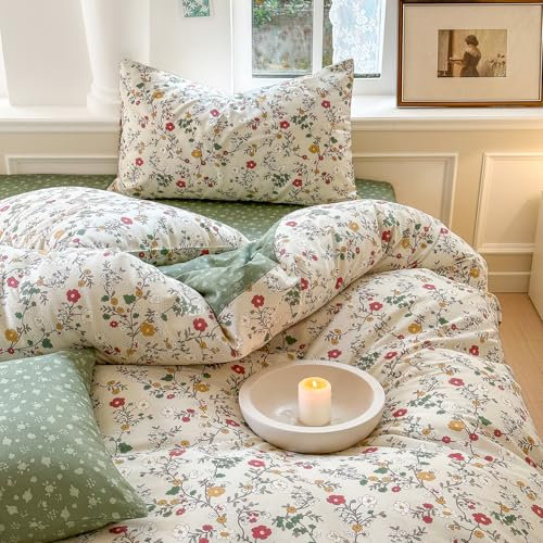 Covebett Bettwäsche Baumwolle 155x220 Bunt Blümchen Grün Blumen Klein Geblümt Muster Bettbezug Set Aesthetic Botanisch Blumenwiese Blumenmuster Deckenbezug Reißverschluss und Kissenbezug 80x80cm