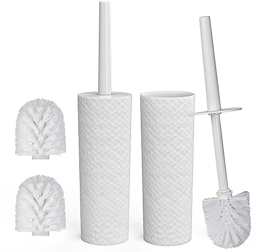 Toilet Brush and Holder Set 2‑Pack, White Plastic Toilet Brushes with 4 Replaceable Brush Heads, Vented Anti‑Drip Base, 360° Soft Dense Bristles, Splash Guard for Bathroom Home & Hotel Cleaning