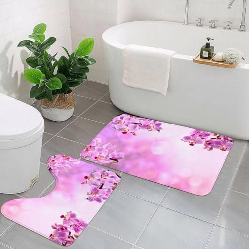 KGDHY Badezimmermatten-Sets 2-Teilig,rosa Orchidee auf rosa Hintergrund,Bad und WC-Vorleger-Set,rutschfeste Badezimmerteppiche wasserabsorbierende