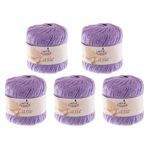 5 Knäuel Häkelgarn Lasie je 150m/50g mit Glitzer Sommergarn Strickgarn Glitzerwolle 15 Farben, Farbe:lila