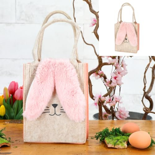 itsisa Filztasche Osterkorb Hase Osterhase mit Plüschohren Creme-rosa H:20 cm - Filzkorb, Geschenkkorb Ostern, Osterdeko, Frühlingsdeko,Geschenkverpackung Filz Korb Ostern