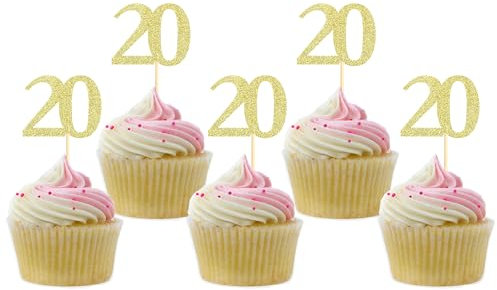 Sotpot 30PCS Gold Glitter 20th Birthday Cupcake Toppers Cheers to 20 Years Cupcake Picks for 20th Birthday Anniversary Party Decorations
