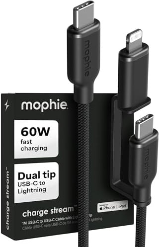 Mophie Cable Charge Stream USB-C a USB-C de 1 m con adaptador Lightning, cable de carga universal de carga rápida de 60 W, certificado MFi, adaptador de doble punta, trenzado, duradero para iPhone