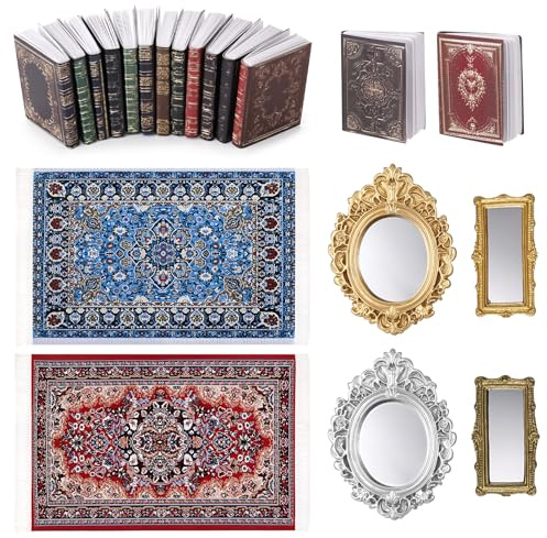 18 PCS Doll House Accessories Mini Books Doll House Rugs Mirrors Set
