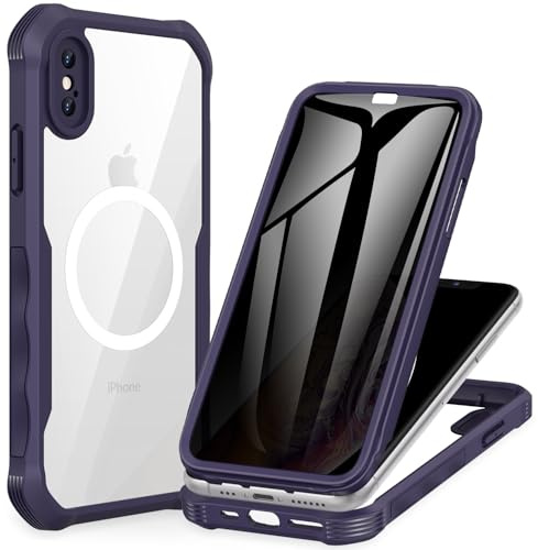 CENHUFO Sichtschutz Hülle für iPhone X/iPhone XS, Kompatibel mit MagSafe Eingebautem Privacy Panzerglas Displayschutz, 360 Grad Handyhülle Magnetisch Schutzhülle Panzerhülle Stoßfest Case -Violett