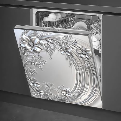 HOMETITUTE Silberfarbene magnetische Geschirrspülerabdeckung mit Blumenmuster, 58 x 66 cm, geprägte Blumenplatte, Geschirrspüler-Magnetaufkleber, dekorative Gerätefolie für Küche, Kühlschrank, Tür