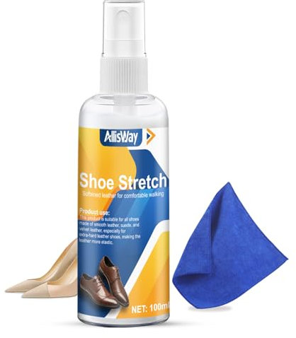 AllisWay Spray Allarga Scarpe Pelle, Leather Softner, Allarga Scarpe Donna, Adatto per Ammorbidire Pelle, Pelle Scamosciata, Vernice, Allevia Il Digrignamento dei Piedi, 100 ml con Asciugamano