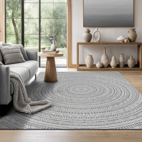 the carpet Mistra – Outdoor Teppich, Wetterfest, UV-beständig & pflegeleicht, für Balkon, Terrasse & Garten, auch für Wohnzimmer & Schlafzimmer geeignet, Mandala, Anthrazit, 200 x 280 cm
