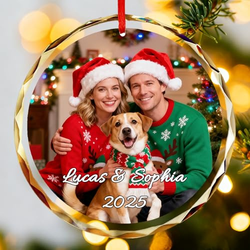 Personalisierter Weihnachtsbaum-Anhänger mit Foto, Familien-Christbaumschmuck 2025, Goldener Rahmen, Individuelles Erinnerungsstück (runde)