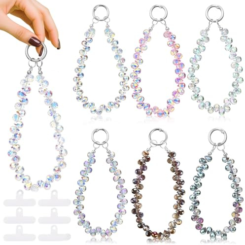 CXMKFEF 6 Pcs Crystal Phone Charm Strap Sparkling Beaded Phone Wristlet with 6 Pads Beaded Camera Wrist Strap Lanyard Bling Sparkling Hand Wrist Bags Accessories for for Girl Women