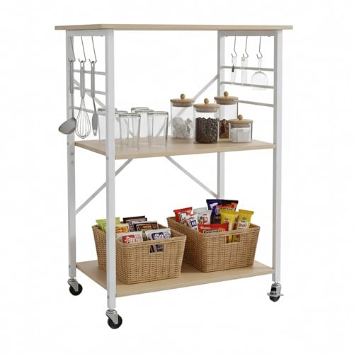 Relaxdays Küchenwagen, mit 3 Holzoptik-Ebenen, Metall, Rollwagen Küche, Haushalt & Büro, HBT: 89x60x40 cm, Natur-weiß