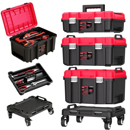 AIRAJ 3-Tier Rolling Tool Box, Interlocking Stackable Storage with Wheels