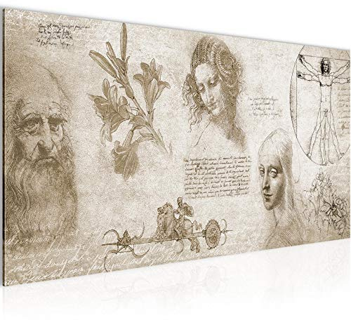 Runa Art Wandbild Leonardo Da Vinci 1 Teilig 100 x 40 cm Modern Bild auf Vlies Leinwand Skizze Renaissance Wohnzimmer Schlafzimmer Biege 700412a