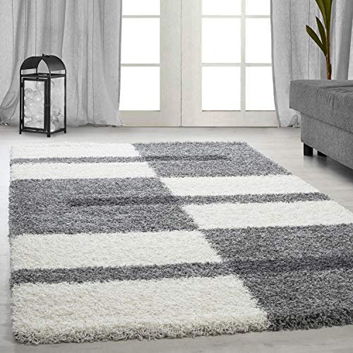 Ayyildiz Teppich-Hochflor Shaggy Teppich Karo Linien Muster Flauschig , Polypropylen, Hellgrau, 80 X 250