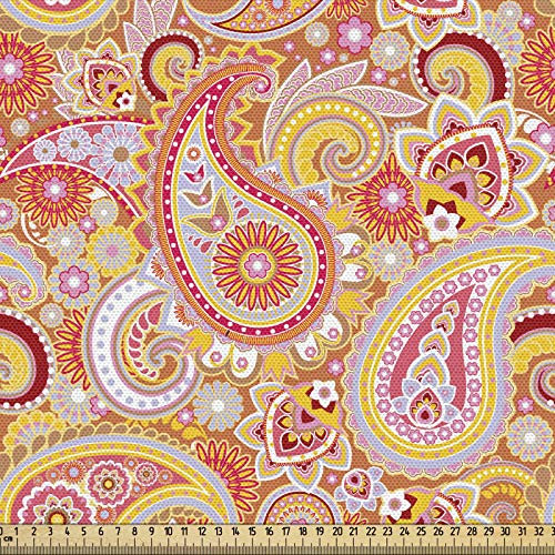 ABAKUHAUS Orange Gewebe als Meterware, Asiatisches Paisley, Schön Gewebten Stoff für Polster und Wohnaccessoires, 1M (148x100cm), Gelb Orange