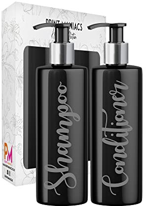 Print Maniacs 2 Set Mrs Hinch Inspired Black Personalised Dispenser Pump Bottles Shampoo Conditioner (Grey)