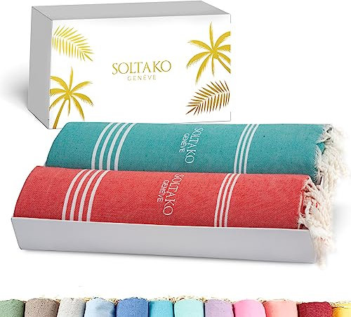 SOLTAKO Fouta Bali Premium, 2er Set, Koralle/Jade, 100/200cm
