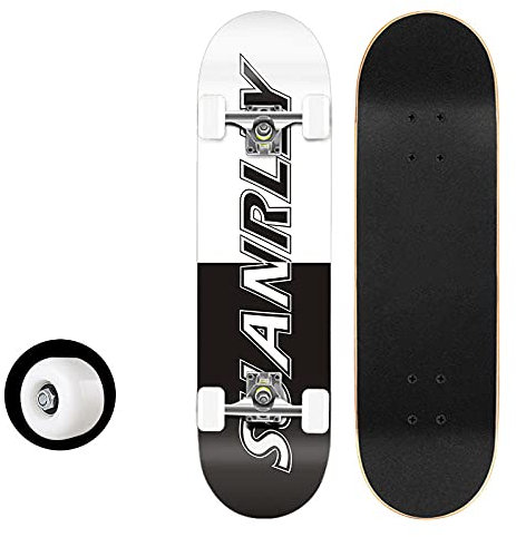 Skateboard Schwarze Weiße Buchstaben Skateboard Kinder ab 8 Jahre 80x20cm 7-Lagigem Ahornholz Longboard Double Kick Komplett für Anfänger Jungen Mädchen Erwachsene Profi Penny Board