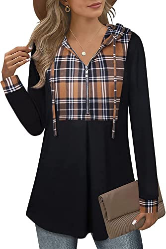 Siddhe Pullover Damen Hoodie 1/4 Zip Farbblock Sweatshirt Kapuzenpullover Tunika Langarm Oberteile,Khaki Plaid L
