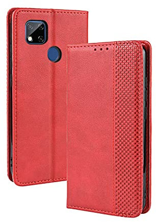 PEIYE Coque Cuir Étui pour Xiaomi Redmi 9C NFC/Redmi 9C Housse, Etui Portefeuille Case Cover, Fermeture Magnétique, Flip Béquille et Emplacements pour Cartes -Rouge