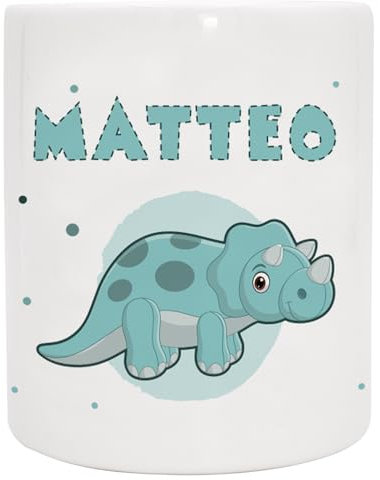 Personalisierte Spardose mit Namen und Dinosaurier Triceratops - Gelddose - Geschenk Geburtstag Weihnachten Taufe Geldgeschenk (Dino 1 - Türkis)