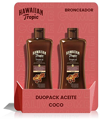Hawaiian Tropic Aceite Solar - Duopack Aceite Bronceador Solar Sin Protección, acelerador del bronceado Fragancia Tropical - 200 ml - 2 unidades