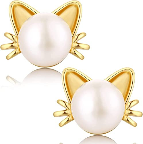 Boucles d'oreilles Chat pour Femmes Argent Sterling 925 Perle Boucles d'Oreilles à Tige Hypoallergénique Perles d'eau Douce Bijoux Cadeau pour Les Amoureux Des Chats Plaqué Or