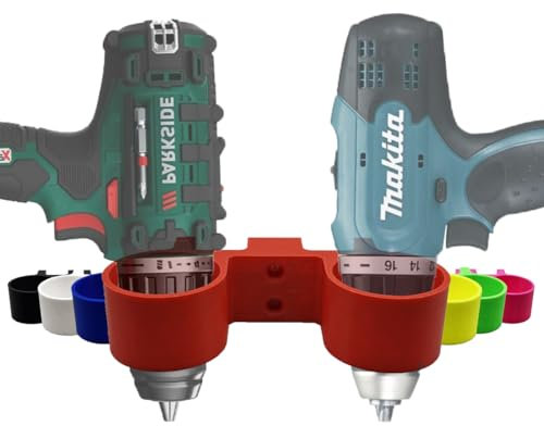 R-Satz Shop Akkuschrauber Wandhalterung passend für Bosch, Makita, Metabo, Ferrex, Parkside, Milwaukee, Einhell, Dewalt und weitere - Doppelhalter Wand (Rot)