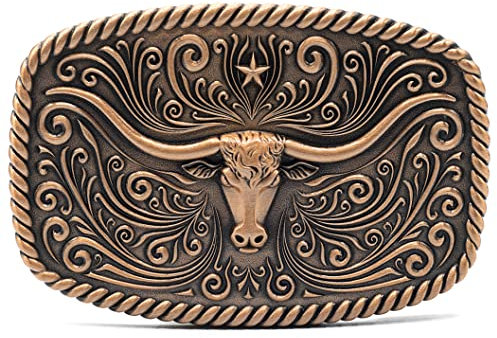 Western Longhorn Bull Gürtelschnalle, groß, Rodeo-Schnallen für Männer und Frauen, Schnalle passend für Gürtel 3,8 cm breit, Antik Kupfer, Einheitsgröße