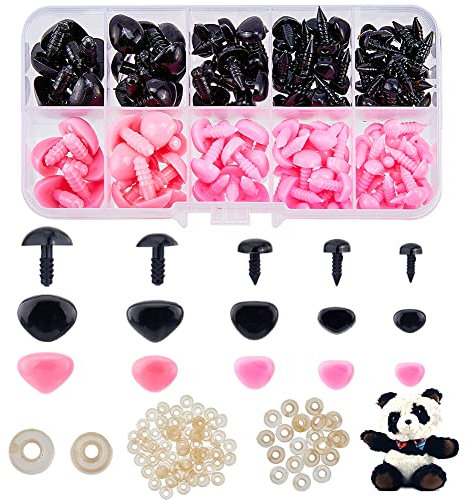 SUPERFINDINGS 130 Stück 5 Größen Kunststoff Sicherheitsnasen Mit Unterlegscheibe Dreieck Tierpuppennase Schwarz Und Rosa Bastel Amigurumi Nasen Sets Für Bären Plüsch Häkelprojekte DIY Tierherstellung