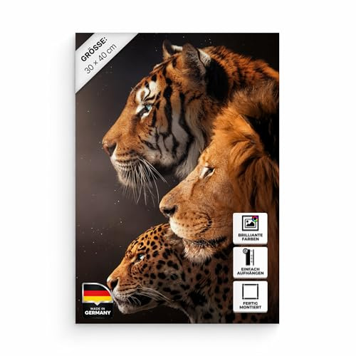 Hustling Sharks® Tierbild „3 Animals“ – Leinwand 30 × 40 cm | XXL Tierbild im Hochformat, Wandbild Tiere, Wandbild Schlafzimmer, Deko Wohnzimmer, Löwe, Tiger, Kunstdruck