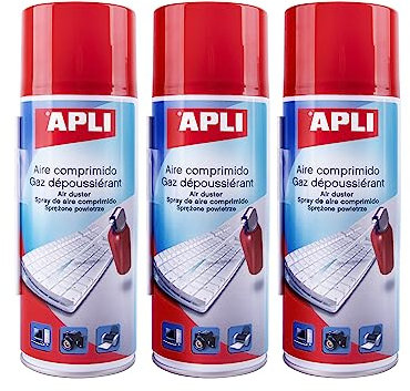APLI 19657- Pack de 3 Aires comprimidos de limpieza en seco; 3 sprays de 400 ml. Aerosol apto para teclados, ordenadores y dispositivos electrónicos
