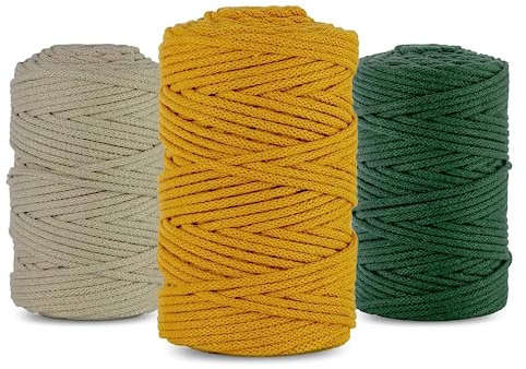 Netuno 3X Makramee Garn 5mm 100m 3er Set Baumwollkordel Hellbeige Senf Flaschengrün Textilgarn Kordelband Naturgarn Naturbaumwolle Garn für Makramee Taschengarn Dekoschnur Flechtschnur Baumwolle Garn
