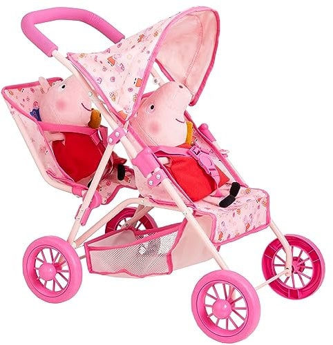 Peppa Pig Tandemkinderwagen Rosa | Faltbarer Kinderwagen für Puppen Spielzeug | Faltbarer Regenschirm | Rollenspiel für Kinder | Puppenwagen Zubehör | ab 3 Jahren