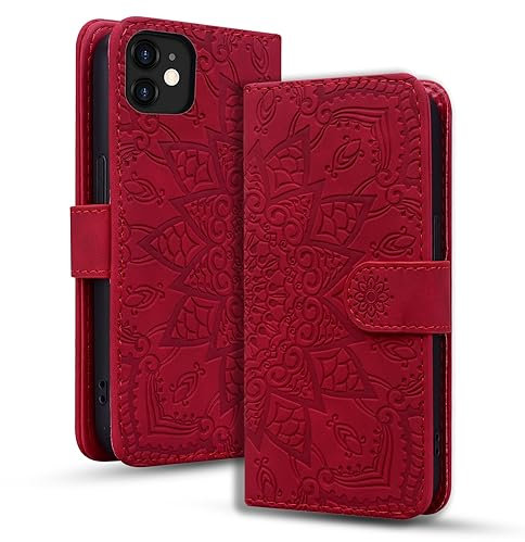 Rosbtib Handyhülle für iPhone 11 6.1 Premium PU Leder Hülle mit Magnetic Closure Standfunktion Flip Cover Mandala Prägung iPhone 11 6.1 - Rot